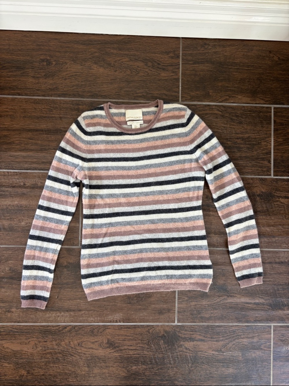 Cynthia Rowley Cashmere Striped Crew Sweater in Dusty Pink, Cream & Charcoal